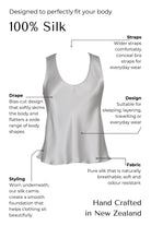 silver Silk camisole with features highlighted on a white background