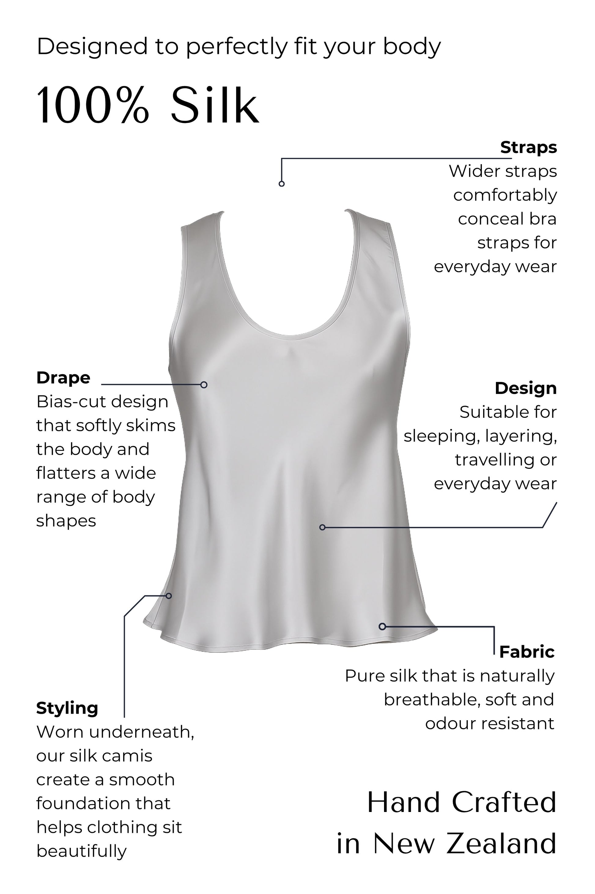 silver Silk camisole with features highlighted on a white background