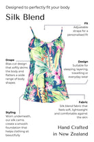 Silk blend camisole with floral design and text detailing features and benefits on a white background.