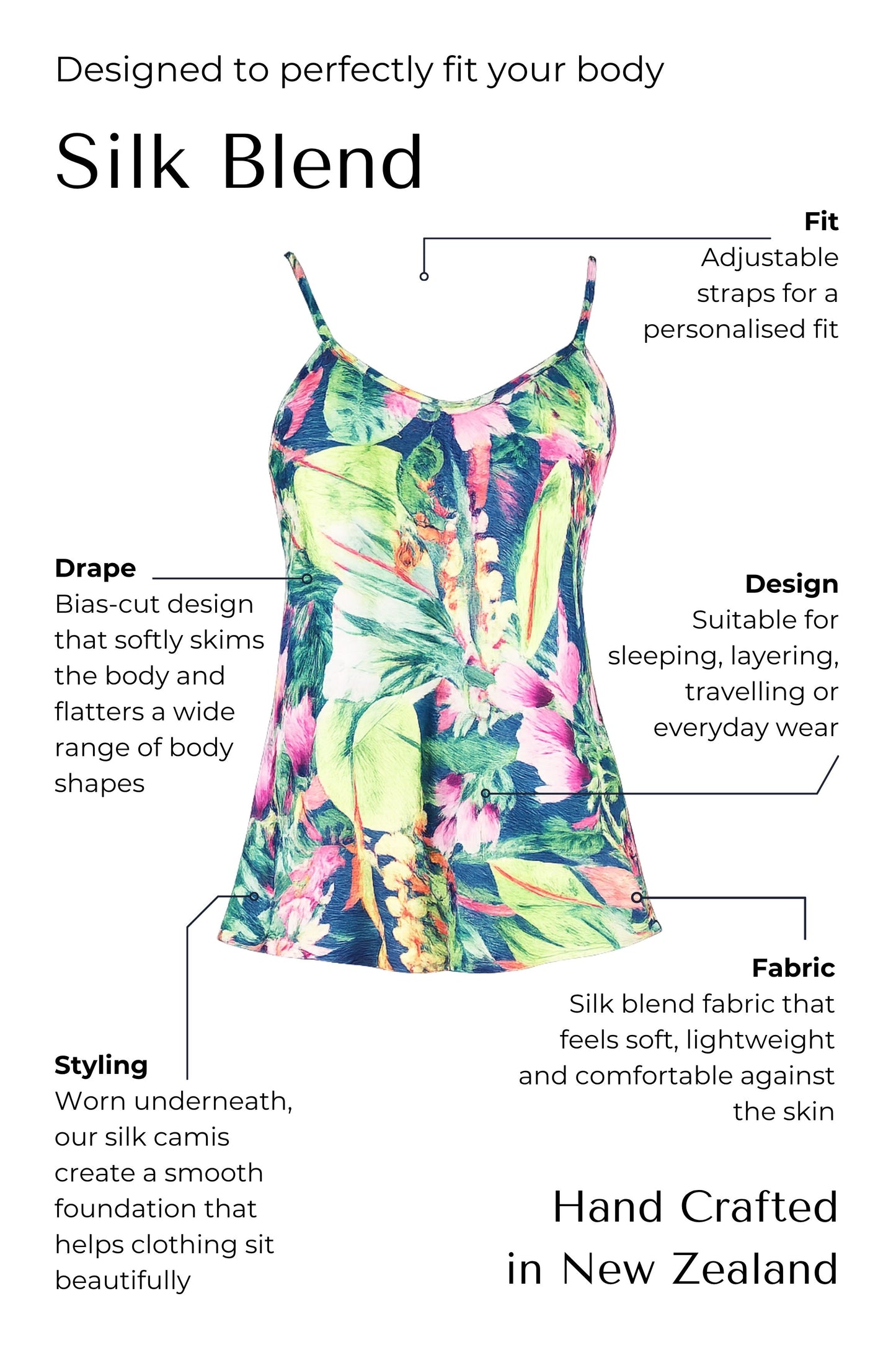 Silk blend camisole with floral design and text detailing features and benefits on a white background.