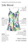 Silk blend camisole with floral design and text detailing features and benefits on a white background.