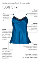Blue silk camisole with features highlighted on a white background