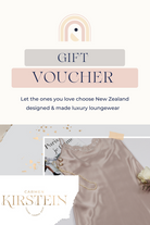 A gift voucher image featuring a luxury loungewear ensemble with a gift box and the text 'Luxury Loungewear Gift Voucher' along with the designer's logo and the phrase 'Let the ones you love choose New Zealand designed & made luxury loungewear'.