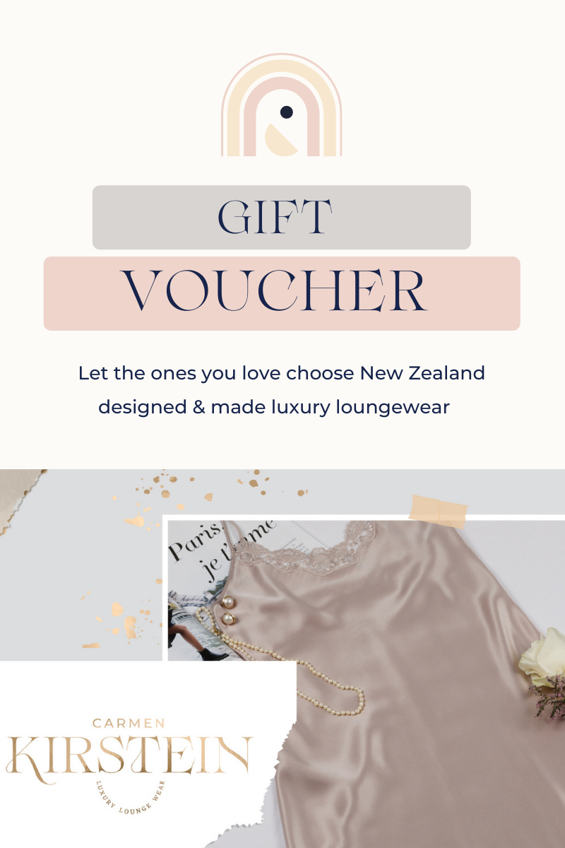 A gift voucher image featuring a luxury loungewear ensemble with a gift box and the text 'Luxury Loungewear Gift Voucher' along with the designer's logo and the phrase 'Let the ones you love choose New Zealand designed & made luxury loungewear'.